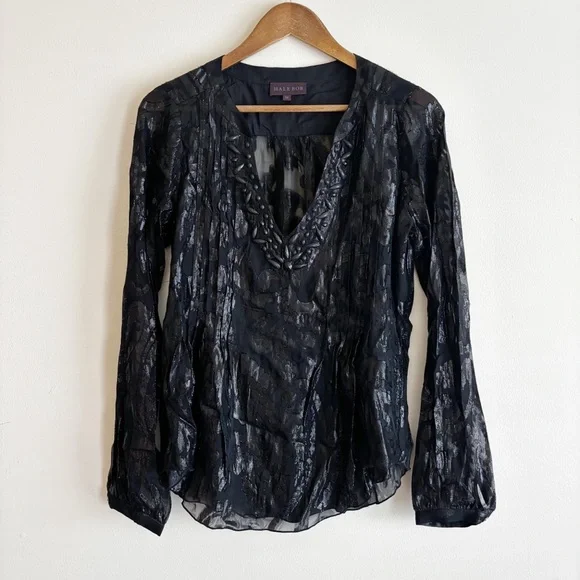 Hale Bob Beaded Burnout Silk Blouse Medium Black Summer Luxury - Picture 1 of 6